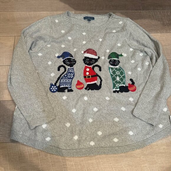 KAREN SCOTT WOMENS GRAY 2X CHRISTMAS SWEATER BLACK CATS NEW - Picture 1 of 8